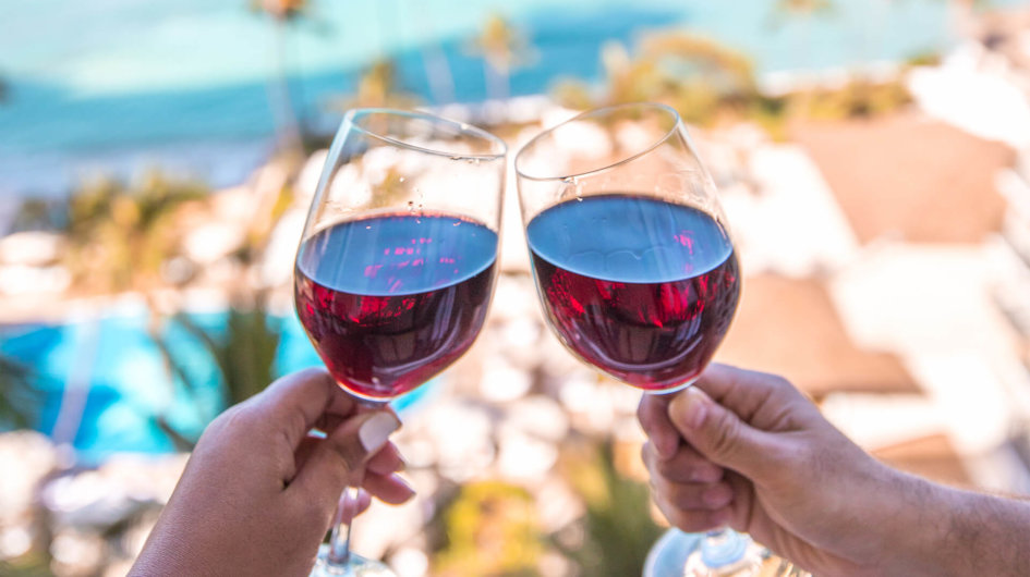 Balcony view holding glasses and toasting