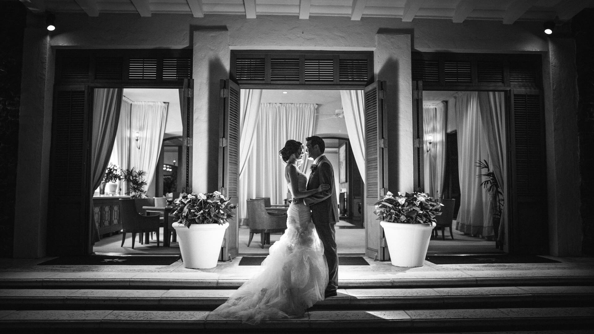 Wedding couple on the Veranda steps