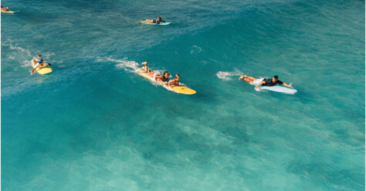 surfers paddling