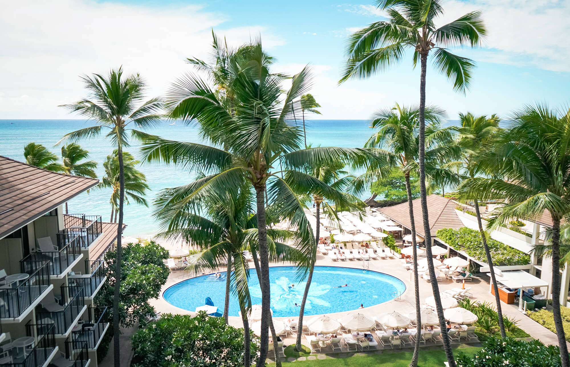 View of a resort pool surrounded by lounge chairs and palm trees, with buildings on each side and the ocean visible in the background under a blue sky.